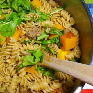 Pasta with Butternut Squash, Sausage, and Arugula