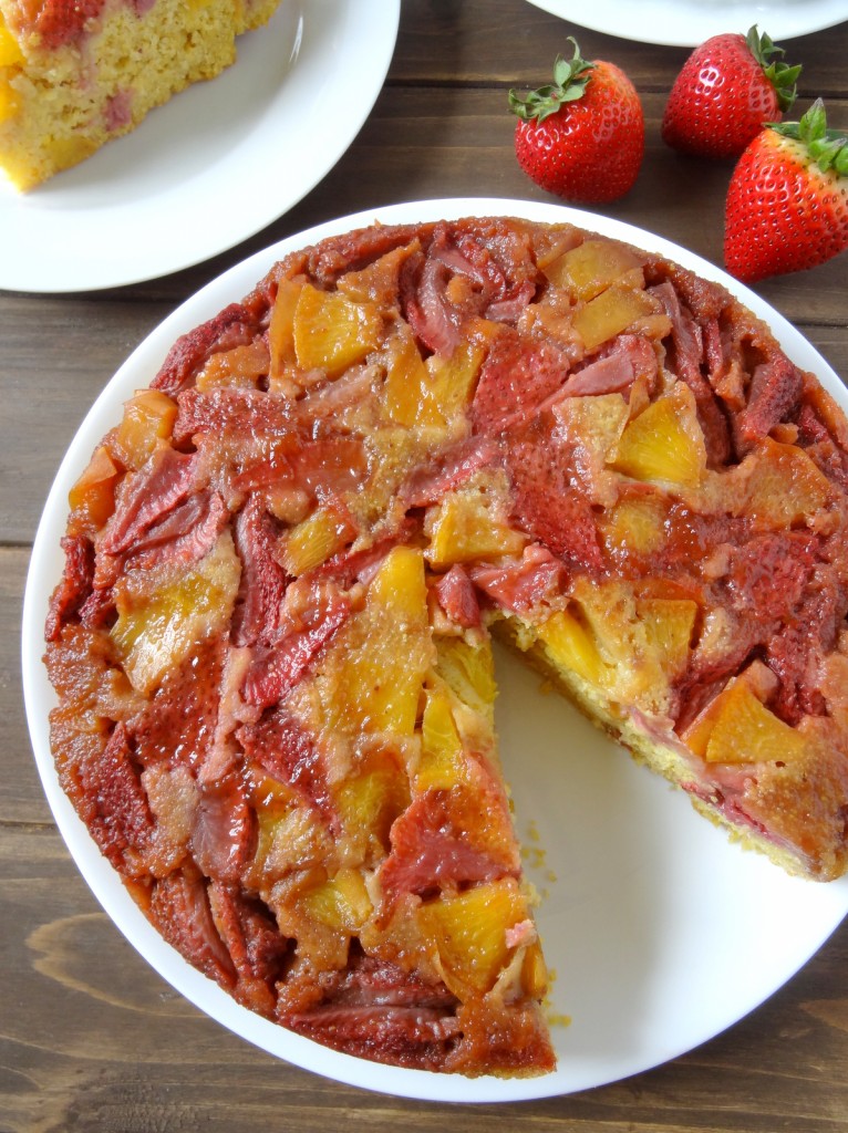 strawberry peach upside-down cornbread cake