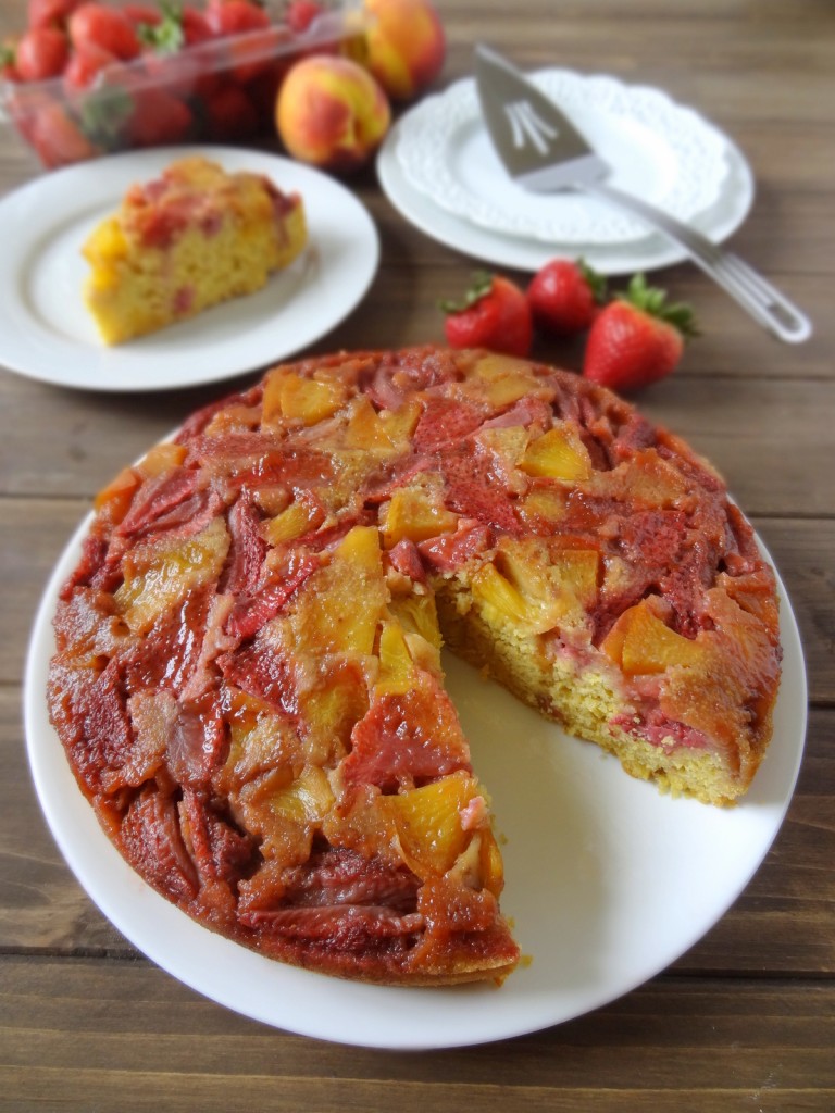 strawberry peach upside-down cornbread cake