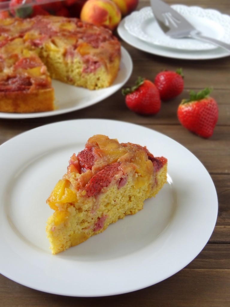 strawberry peach upside-down cornbread cake