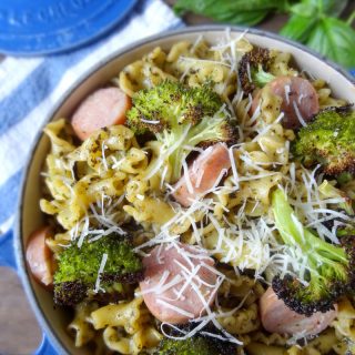 Campanelle with Basil Walnut Pesto and Roasted Broccoli
