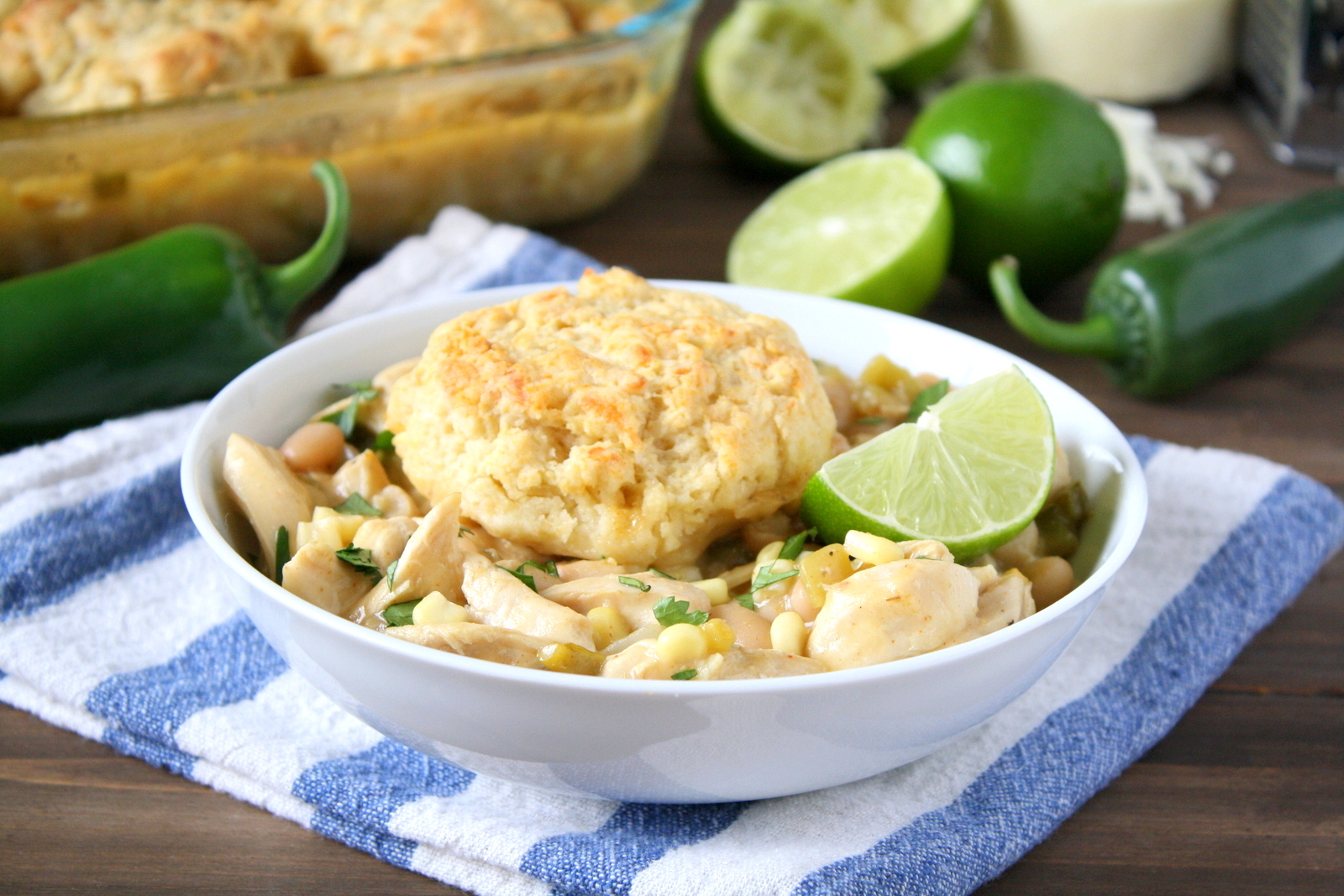 white chicken chili with mozzarella biscuits