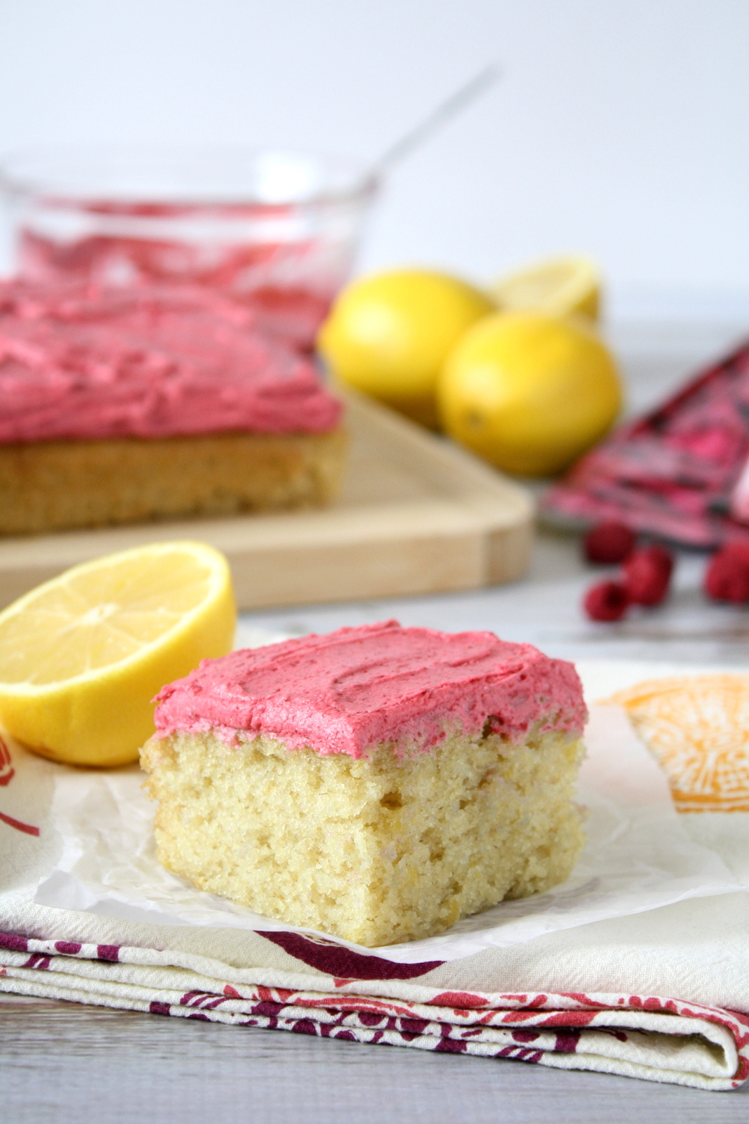 lemon snack cake with raspberry frosting