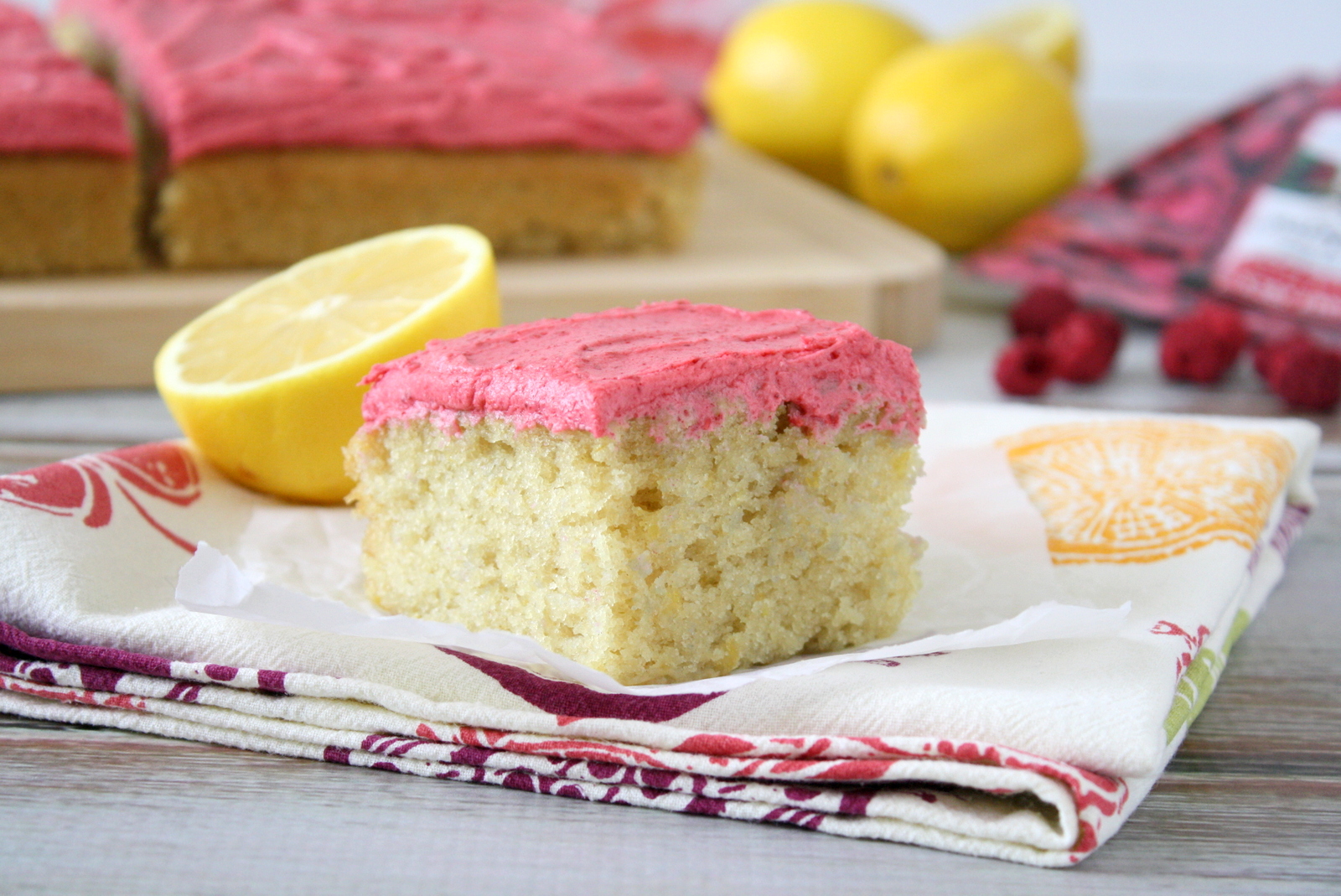 lemon snack cake with raspberry frosting