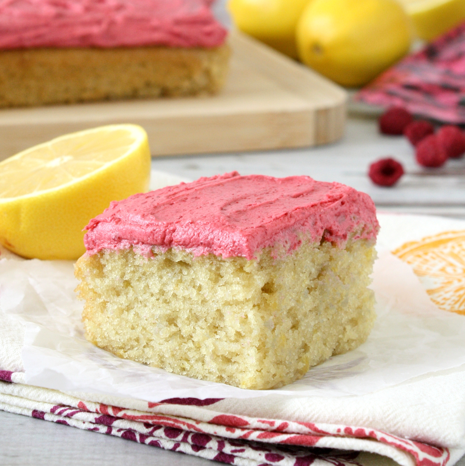 lemon snack cake with raspberry frosting