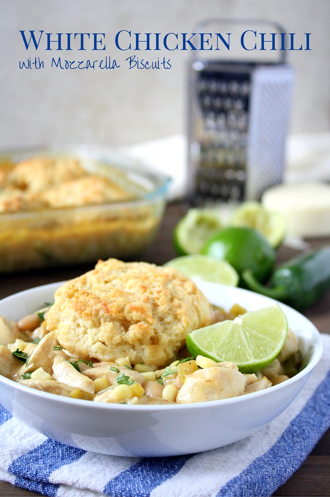 white chicken chili with mozzarella biscuits