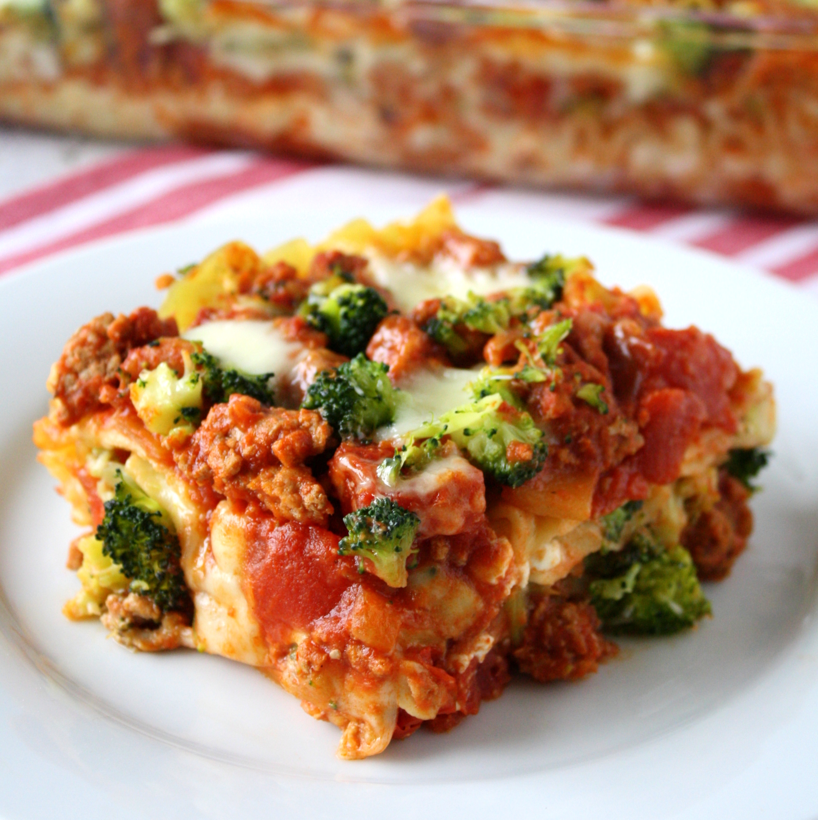 three-cheese turkey lasagna with broccoli