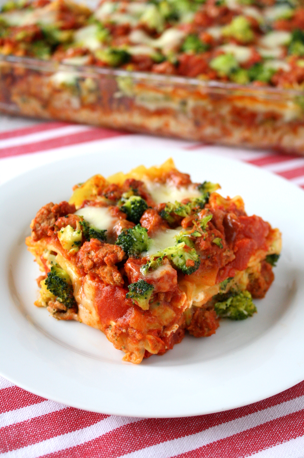 three-cheese turkey lasagna with broccoli