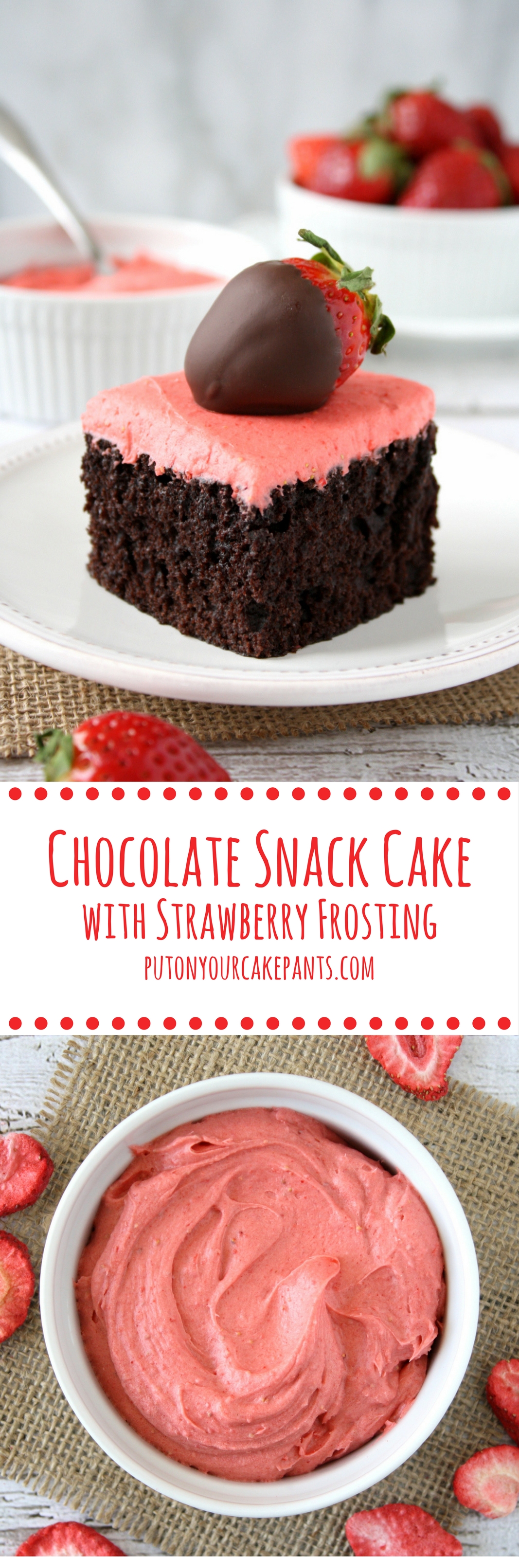 chocolate snack cake with strawberry frosting